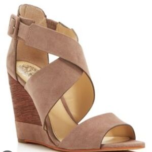 Vince Camuto Milena Tan & Brown Wedge Faux Suede Criss Cross Wedge Sandals Sz 10